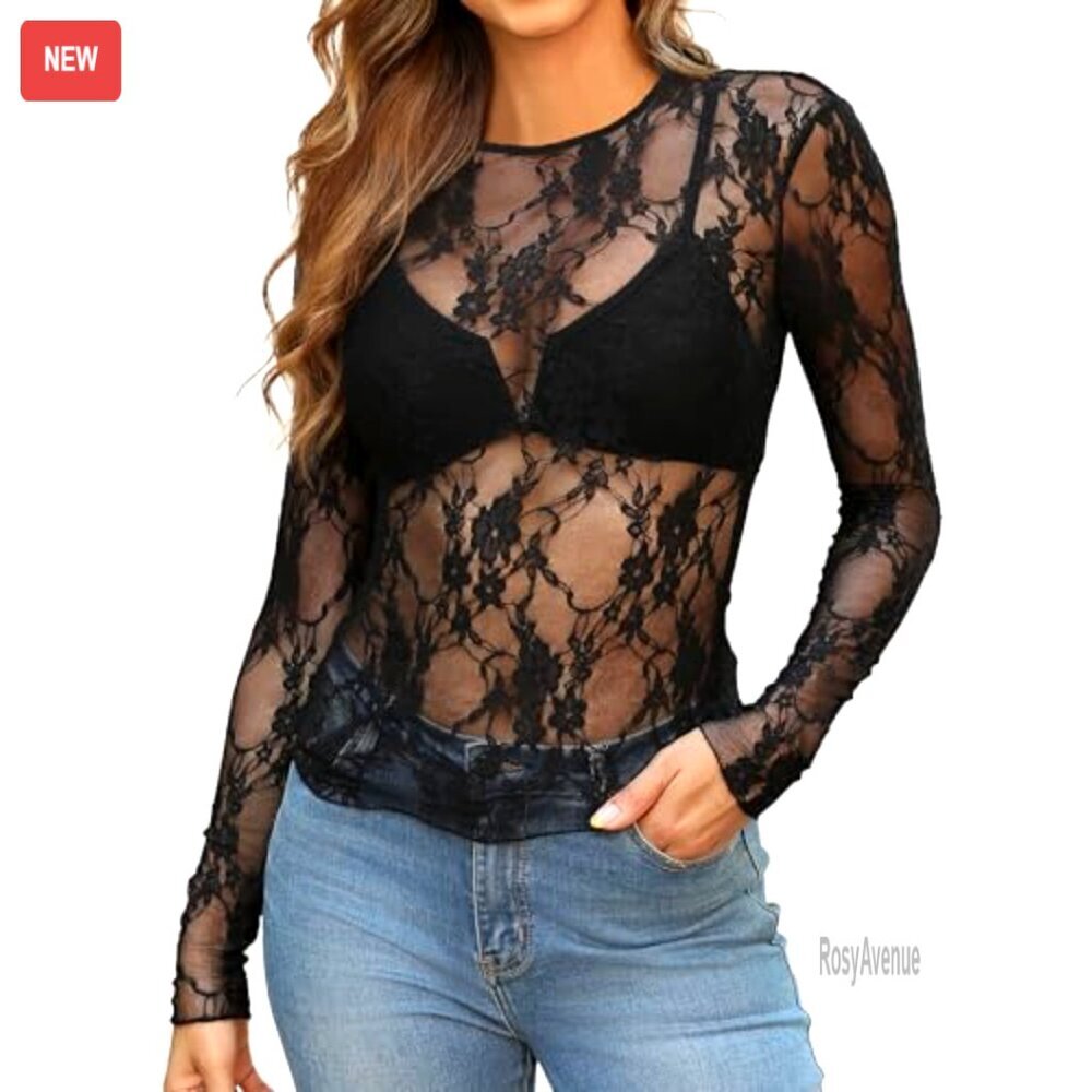 Mesh Lace Long Sleeve Slim Fit Top, Crewneck, See Through Blouse - Picture 3 of 6